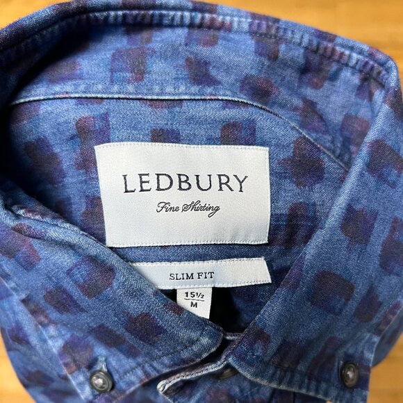 Ledbury Mens Blue Artistic Pattern Long Sleeve Button Down Shirt Size 15.5 - Picture 3 of 8